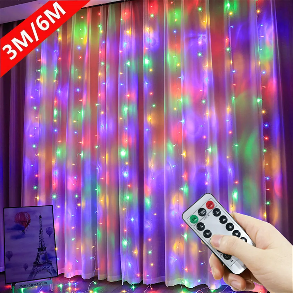 أضواء الزفاف جارلاند الجنية في الهواء الطلق 8 وضع LED USB الستار ضوء سلسلة عيد الميلاد حفلة عطلة الديكور مصباح حديقة