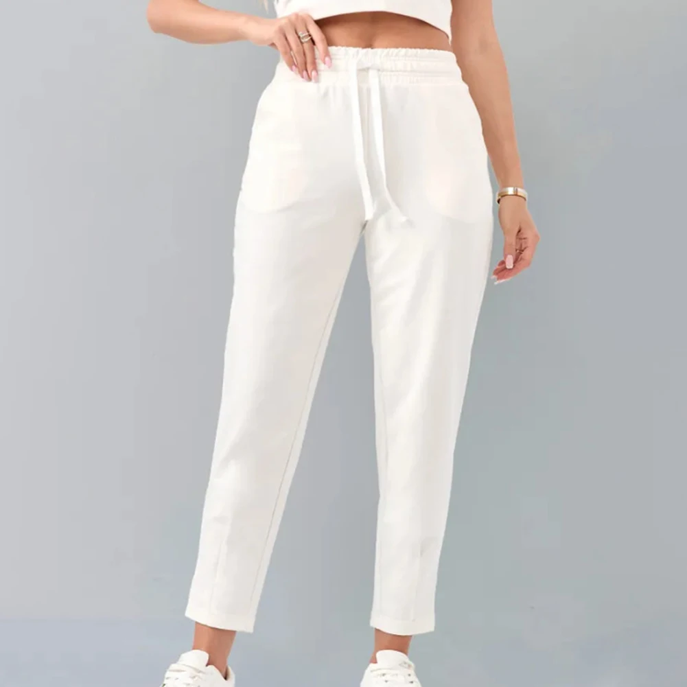 Pantalones largos para mujer, pantalones de pierna pequeña, tela de poliéster, cintura elástica, estilo informal, adecuados para la vida diaria y la calle