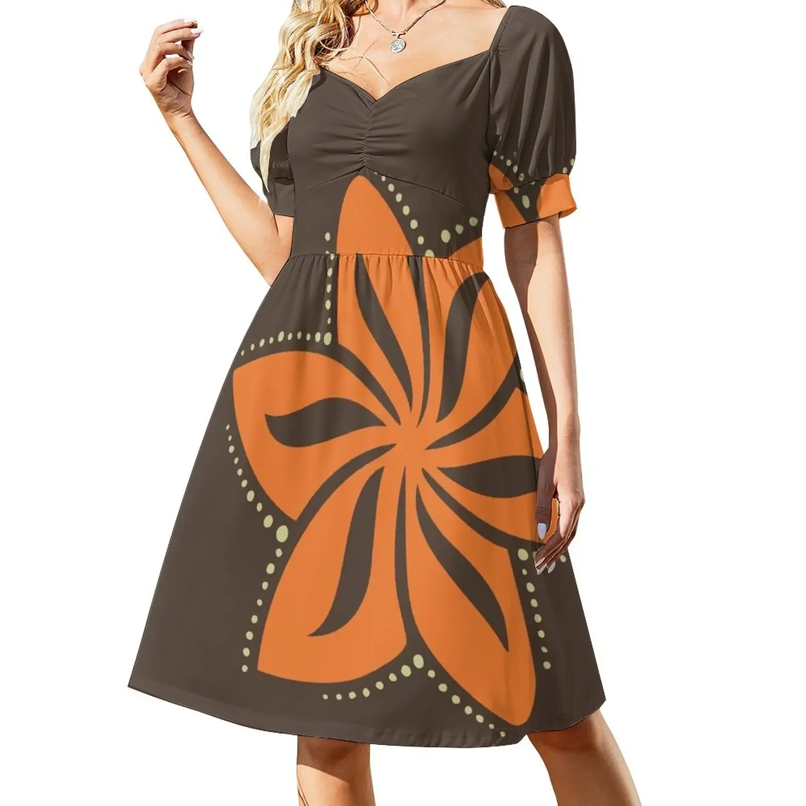 

Retro Orange Tropical Hawaiian Polynesian Flower on Brown Background Short-Sleeved Dress Womens dresses Woman clothes cute dress