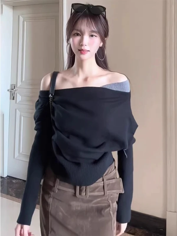 

plus Size Bla oulder Long Sve Knitted irt Women Commute Versatile Slimming oulder Exposure Base irt Ele Top