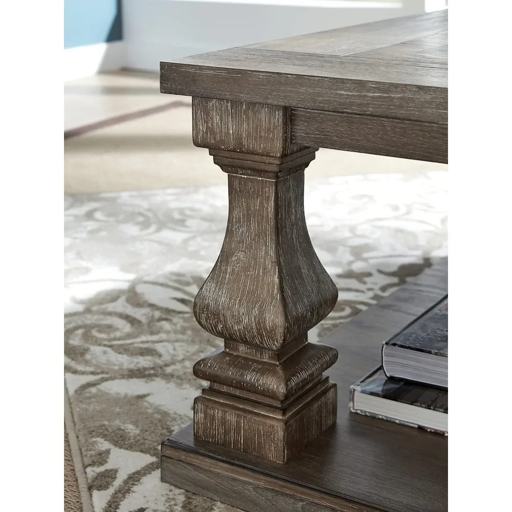 Johnelle farmhouse coffee table in weathered grey finish，40 L x 54 W x 17.75 H inches