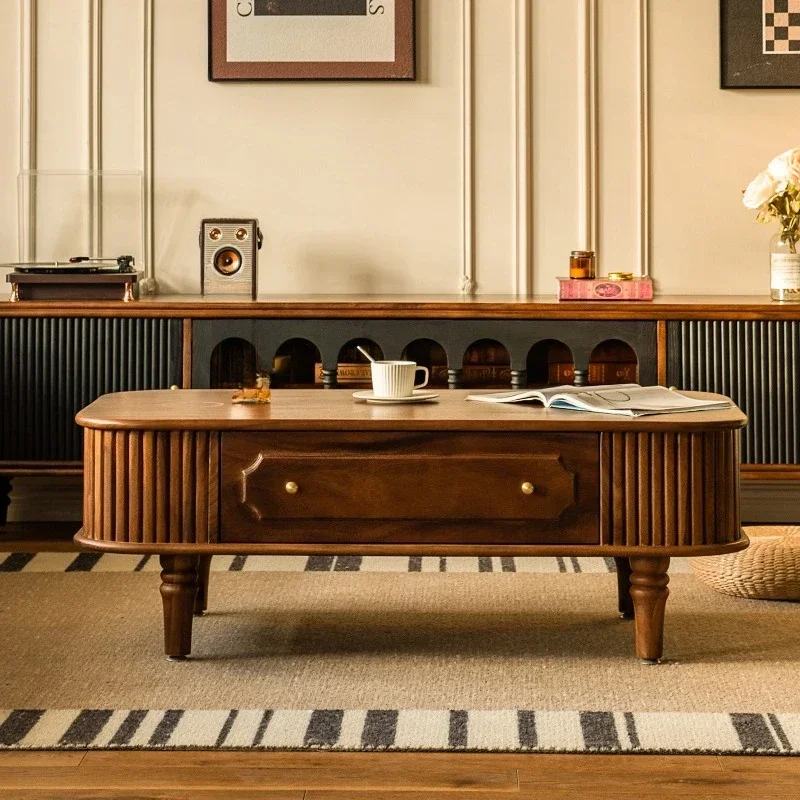 Medieval French retro style solid wood coffee table small apartment, ash wood oval double-layer coffee t able