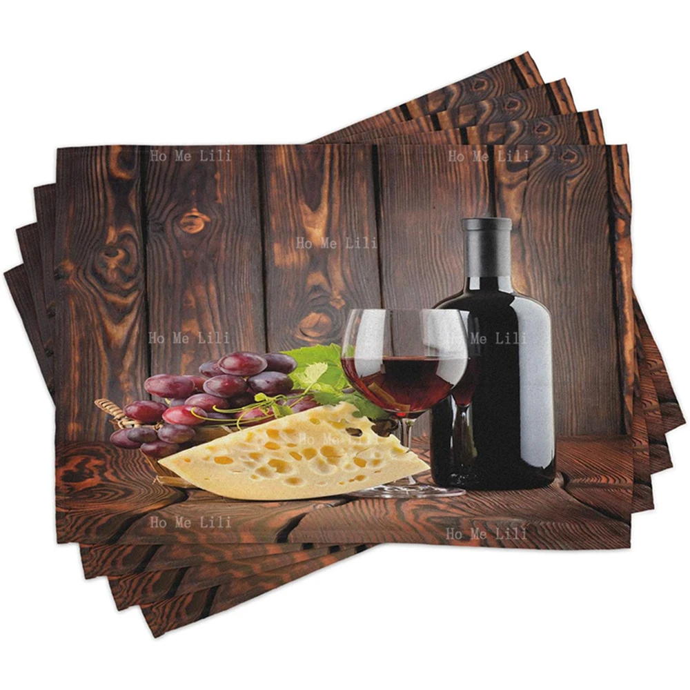 Wine Red Wine Cabernet Bottle And Glass Cheese And Grapes On Wood Planks Print Placemats For Dining Table