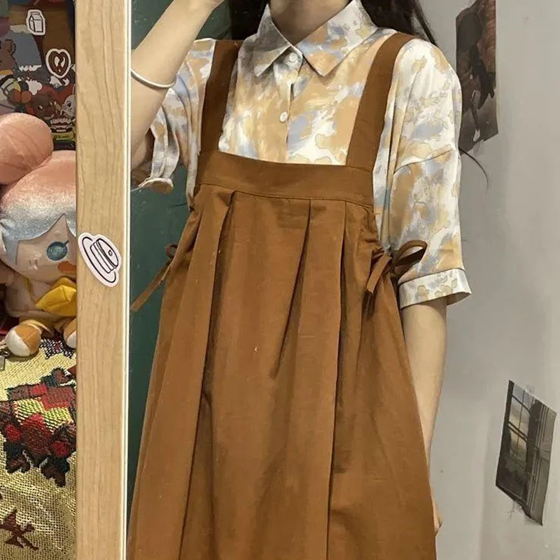 

plus Size Loose Fit ort Sve irt Dr Set Slimming A-Line Skirt Korean Sle Collar Button Detail Summer Faion