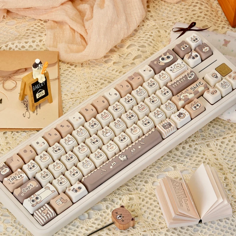 PBT Mao Profile Keycaps Set,132 Keys Dye Sublimation Doubleshot Cute Cat Keycaps for MX Mechanical Keyboard