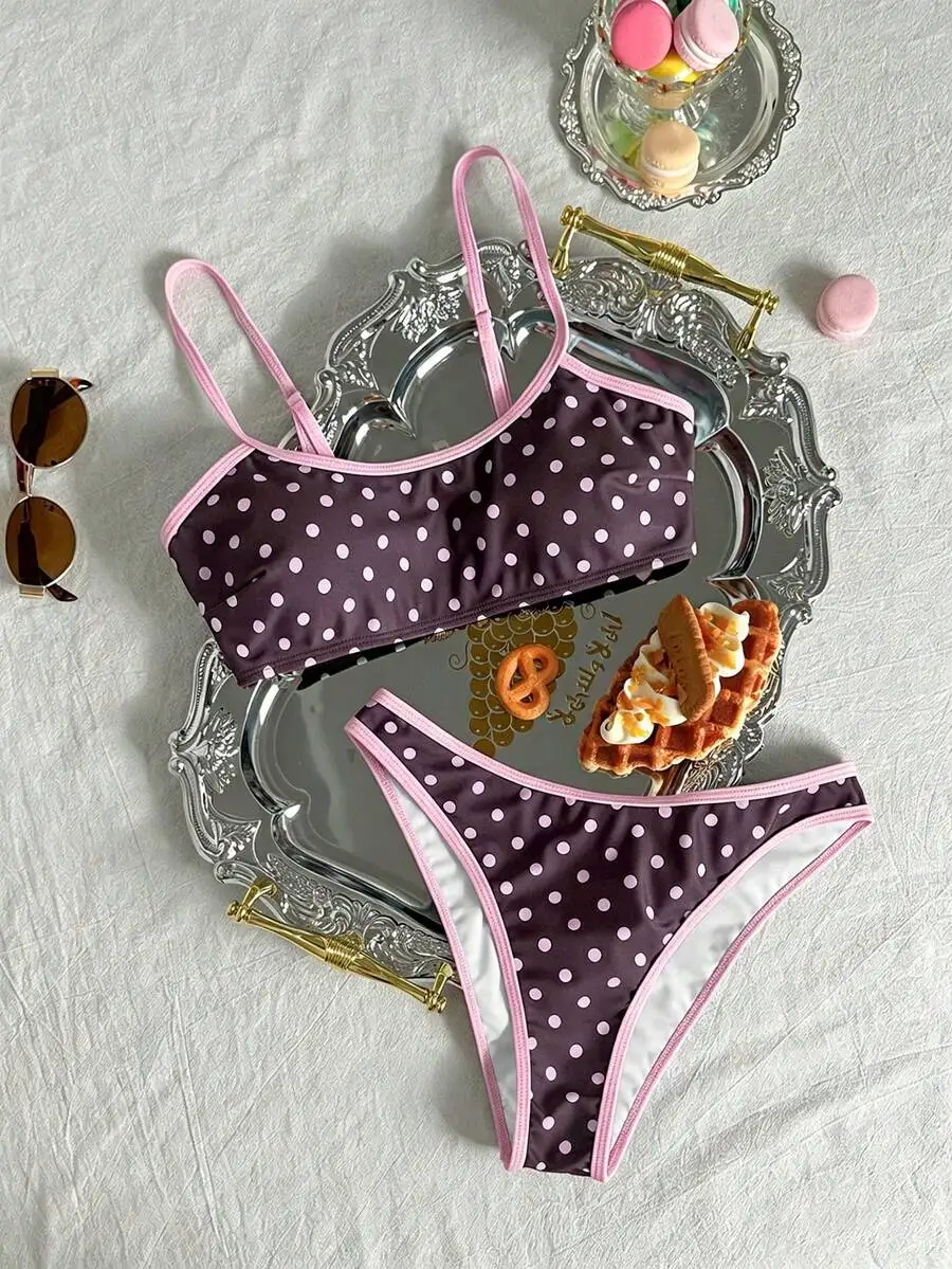 

Women Polka Dot Spaghetti Strap Backless Two Piece Swimsuit For Summer Beach Holiday