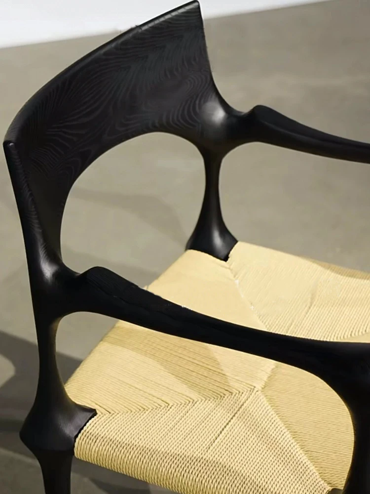 Antique solid wood retro dining chair high back rattan black dining chair