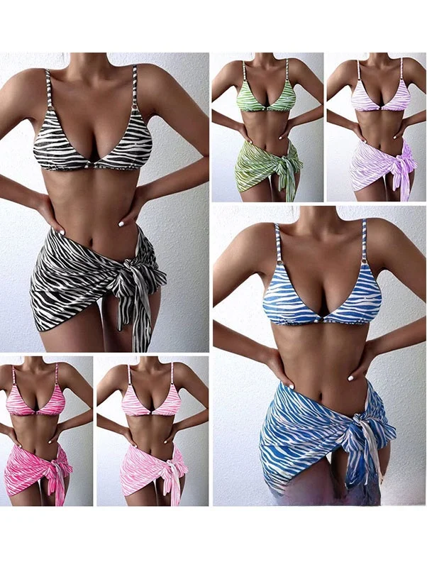 

202 New Women's Bikini Tee-Piece Set Stripe Skirt Sle Swimsuit Cross-Border Swimwear Polyester V-Ne with Chest Pad