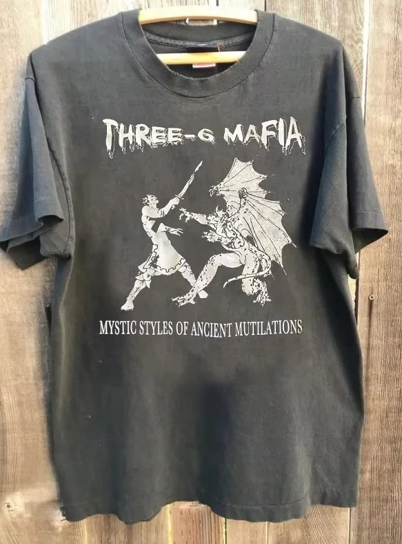 Three 6 Mafia Rock Band Music Tour Short Sleeve Charcoal Color Shirt Summer Loose and Breathable T-shirt Top Unisex Cotton Top