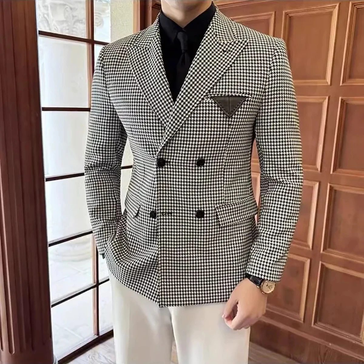 Setelan pernikahan kasual Pria Houndstooth kerah Peaked pengantin pria pakaian bisnis Tuxedo 2 potong jaket celana dibuat sesuai pesanan