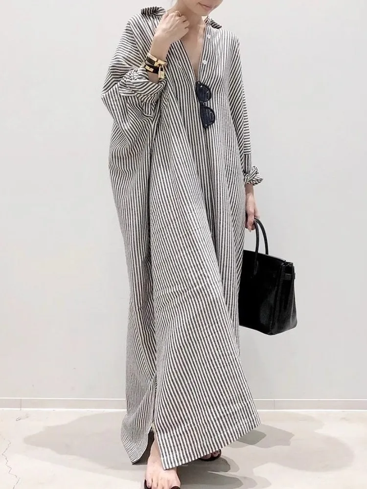 

Loose Oversized Long Sve Striped Cotton Linen Dr Midi Skirt Autumn Wear for plus Size Women Knee-Length A-Line Dr