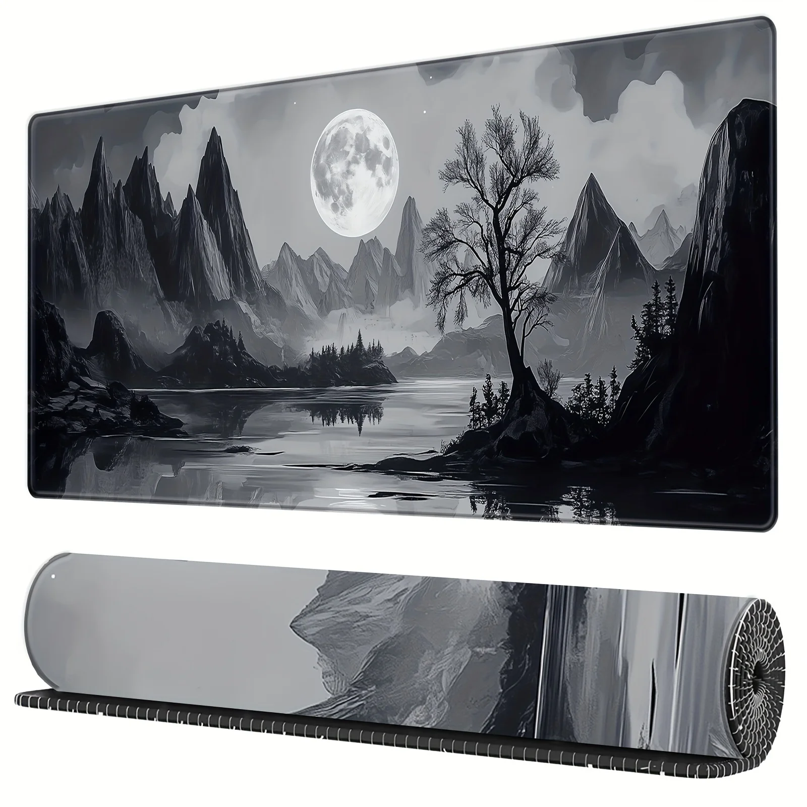 

Очень большой коврик для мыши Moonlit Mountain Lake Landscape, нескользящий прочный настольный коврик, прецизионные прошитые края, коврик для клавиатуры XXL