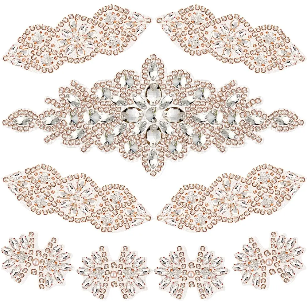 

9 Pcs Rhinestone Applique Iron on Patch 3 Style Rhinestone Hot Fix Applique Wedding Hair Appliques for Bridal Wedding Dress C