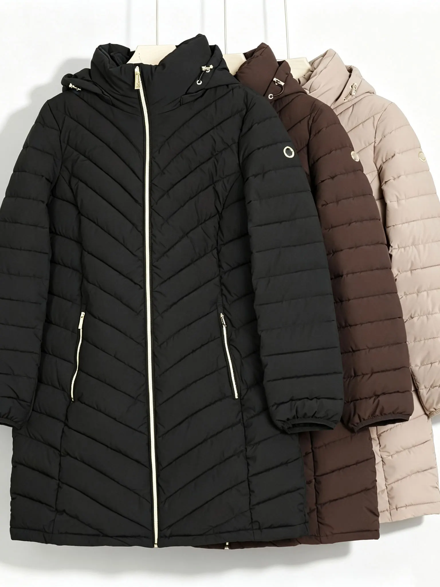 Warmth Filled Cotton Jacket Women's Mid-Length Hooded Baffle Pattern Slimming Coat Casual Style Standard Fit Zipper Closure
