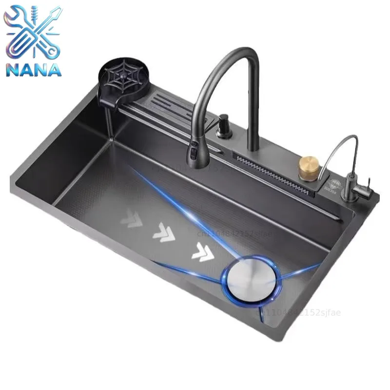 Thickened household kitchen sink vegetable basin large single slot 304 stainless steel Feiyu waterfall holder vegetable basin