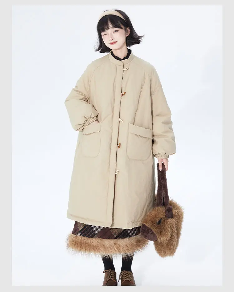 

Японская хлопковая куртка с роговицами для женщин, зимняя новая стильная универсальная длинная теплая хлопковая куртка в стиле ретро с воротником-стойкой