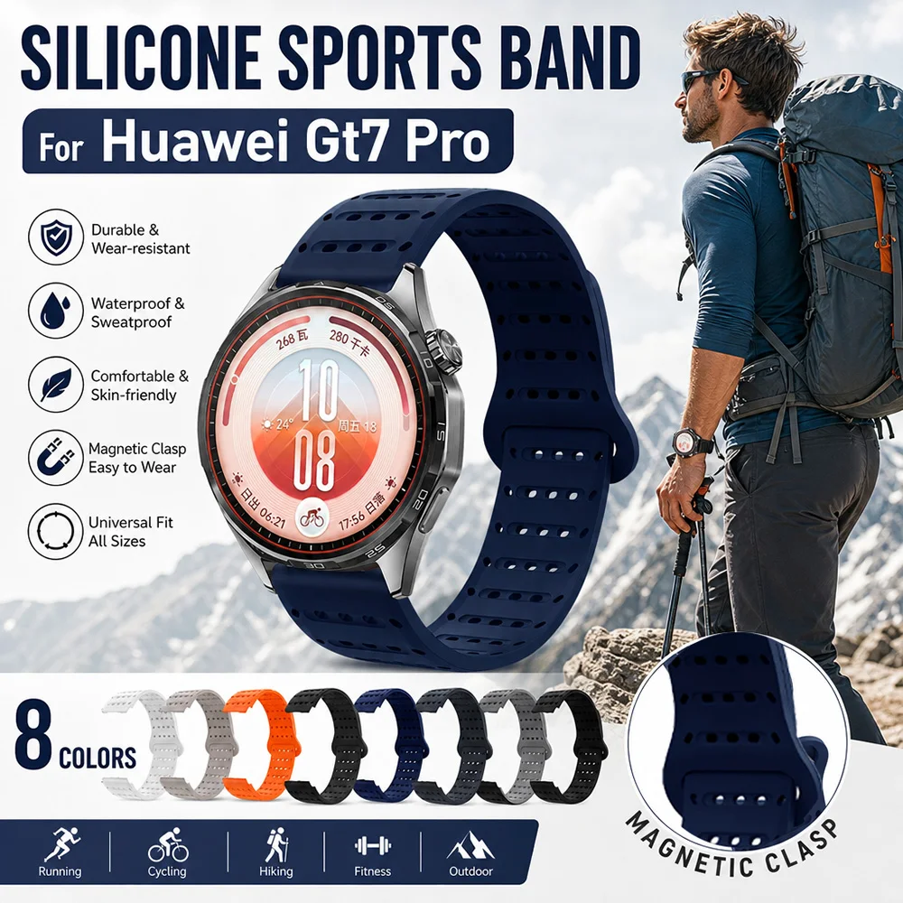 Magnetic Silicone Watch Band for Huawei Watch GT7 GT6 GT5 Pro Sports Waterproof Replacement Strap for Huawei Watch GT7 6 5 46mm