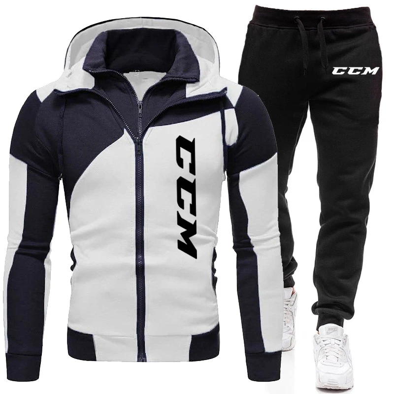 2024 CCM New Double Zipper Men\'s Casual Suit Outdoor Fitness Jogging Sports Suit Men\'s Hoodie + Pants Set Men\'s Sets Sports Suit