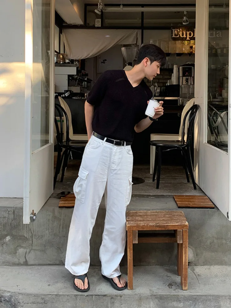 SYUHGFA Solid Color Men's Cargo Trousers Niche Design Straight American Style Loose Wide Leg Loose Male Pants New 2025 Summer