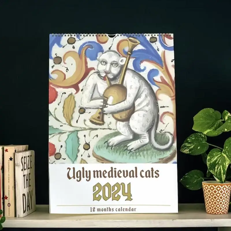 Calendario de gatos medievales feo, planificador mensual divertido de pared, colgante de pared, regalos únicos para amantes de los gatos, 2024