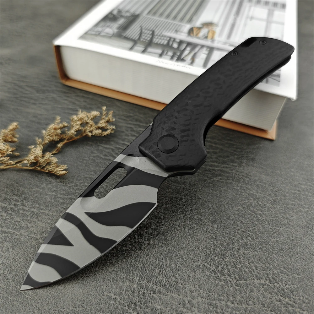 New Outdoor Tactical Folding Knife Zebra Pattern D2 Blade Carbon Fiber Handle EDC Camping Hiking Hunting Survival Tool