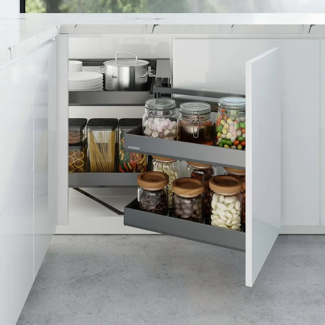 Dark Grey Blind Corner Cabinet Pull-Out Adjustable Design Swing-Out Corner Basket Trays Aluminum Easily Baskets