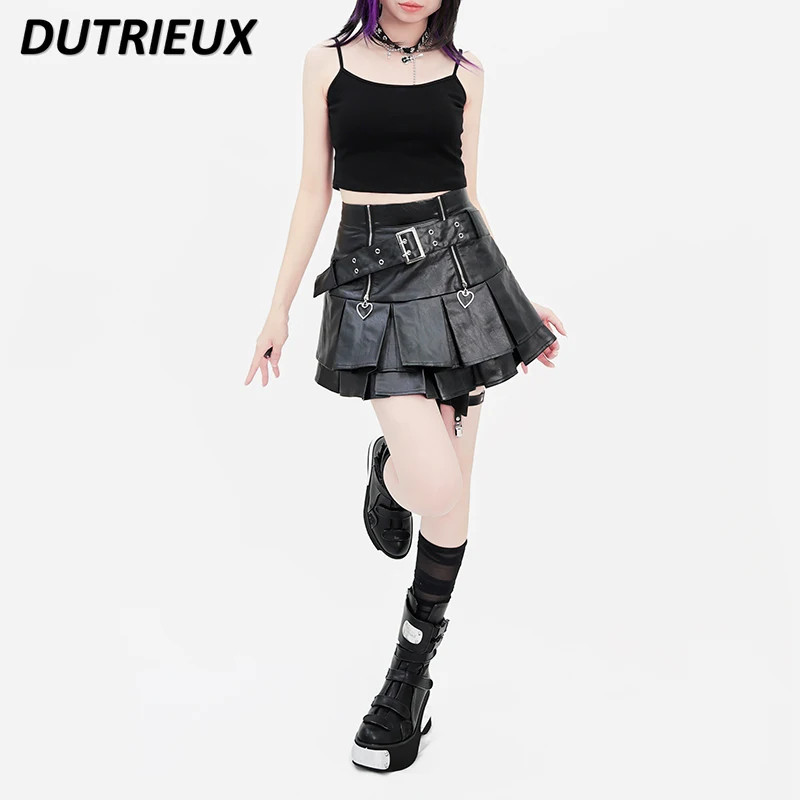 Sweet Girl Black High Waist Short Leather Skirt Punk Cool Y2K Subculture Women's Double Zipper Pleated Zipper A-line Mini Skirts