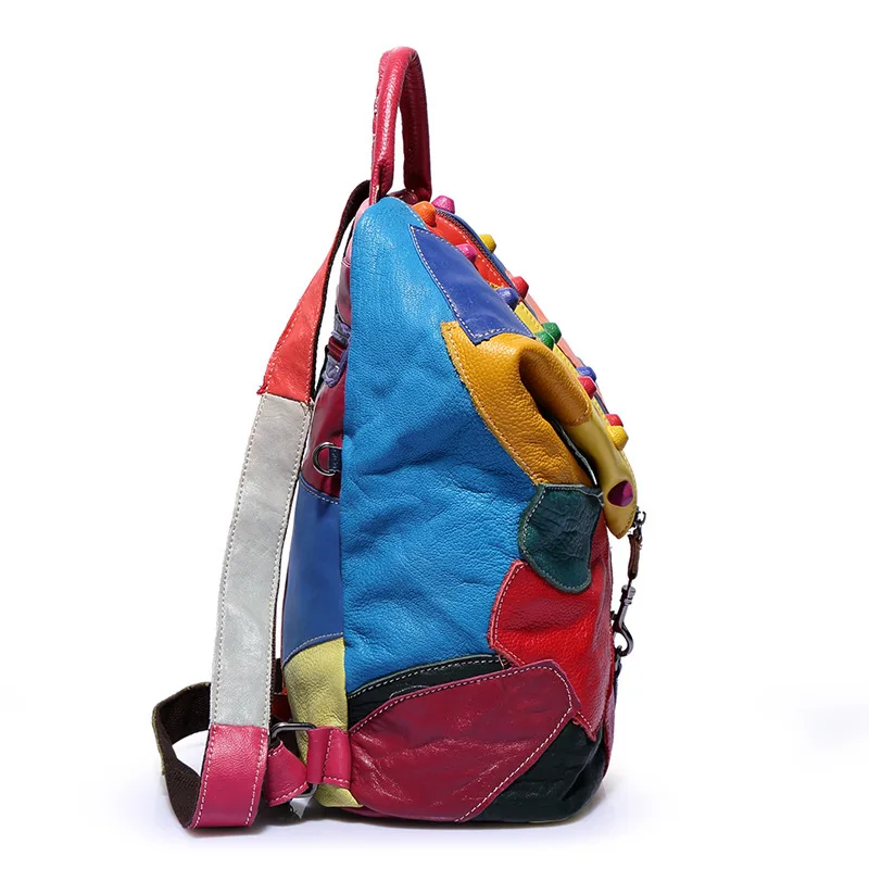 Mochila suave de piel de vaca auténtica para mujer, bolso de viaje de gran capacidad con retazos