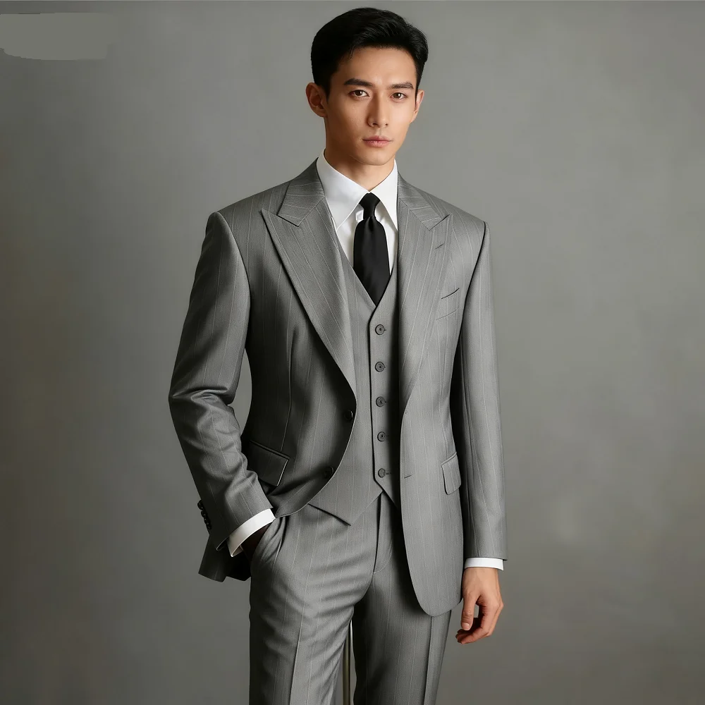 

Мужской классический костюм Terno в темно-севую полоску, формальный офисный свадебный костюм для жениха, комплект из 3 предметов, жилет и брюки, деловая одежда