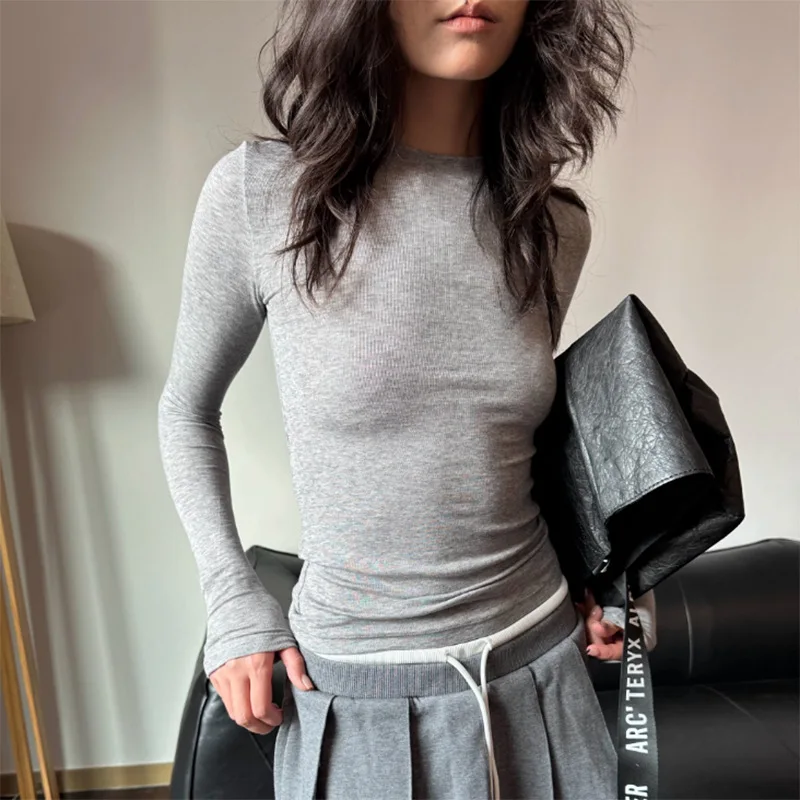 

Retro Thin Crew Neck Long Sleeve T-Shirt Women's Slim Skinny Elastic Bottom Shirt