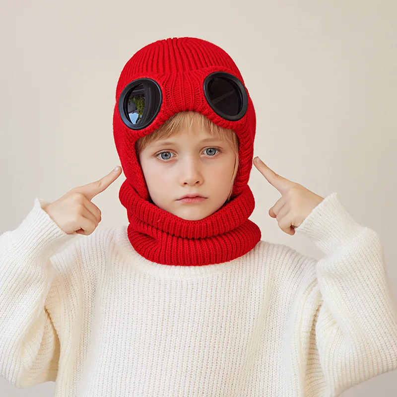 Conjunto de gorro y bufanda de punto para niño y niña, gorro con gafas de protección para las orejas, gorro de invierno, 4-10 años