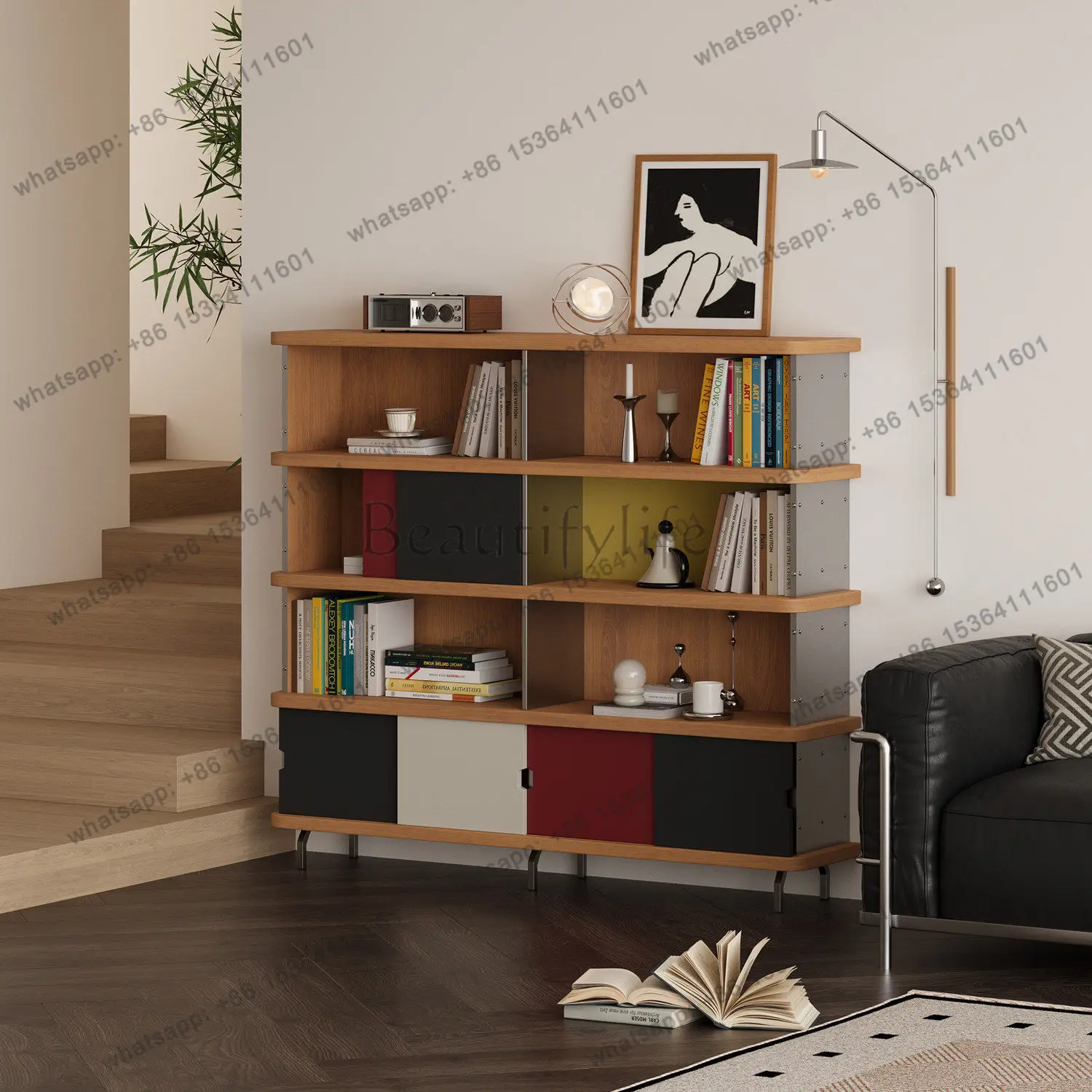 Simple modern industrial style color sliding door bookcase shelf multi-scene vertical cabinet
