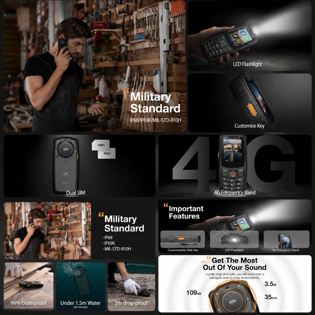 AGM M7 2+16G Volte Android Feature Phone Waterproof Touch Screen 2500mAh Cellphone with English Russian Keyboard