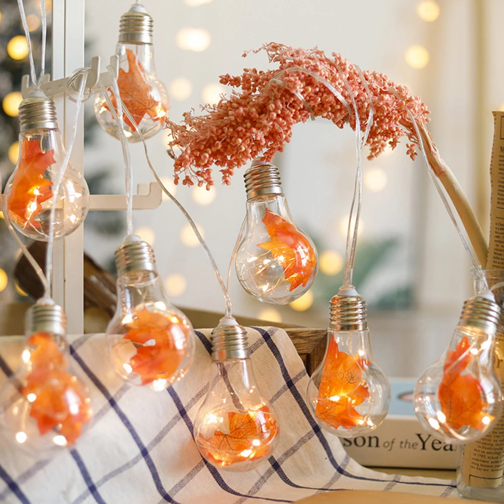 1set Maple Leaf Copper Wire Bulbs String Lights, 10 BulbsClear Round Ball LED Lights for Christmas Halloween Wedding Party Decor