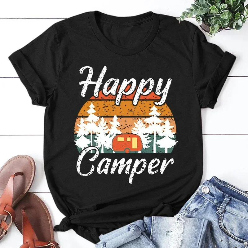 New Happy Camper Print T-Shirt Men Women Fashion Short Sleeve Casual Summer Tops Tees Women Clothes