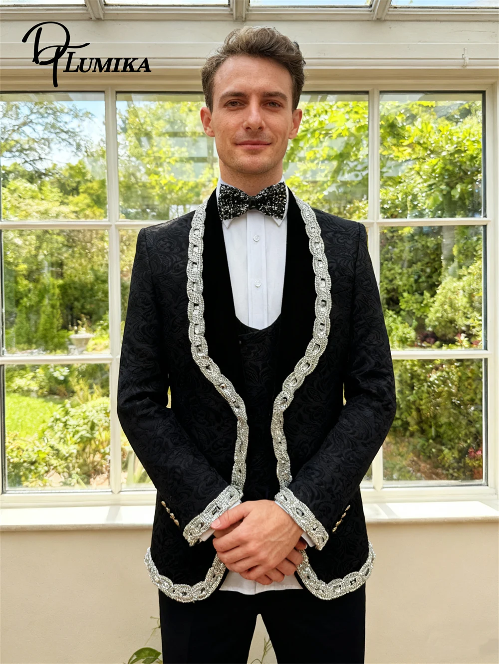 

DTLumika Серебряный костюм с бисером для мужчин, свадебный костюм жениха XS-3XL из трех предметов, официальный наряд для выпускного вечера для мужчин, костюмы с настоящими фото