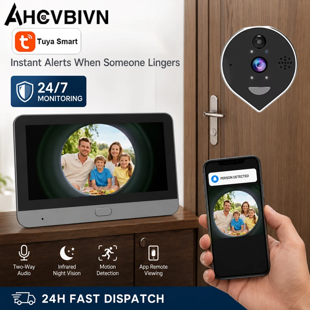 Tuya Smart Peephole Video Doorbell with Indoor LCD Screen Two‑Way Audio IR Night Vision Motion Detection Home Door Security Cam