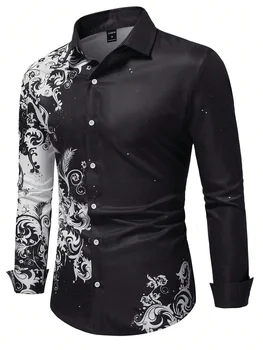 Men's Floral Pattern Shirt 3D Simple Printing Long Sleeve Shirt Men's Casual Fashion Hip-hop Neutral Clothing