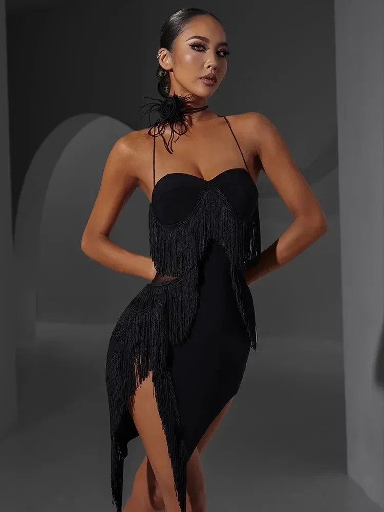 

Women Irregular Sexy Latin American Fringed Practice Wear Dress ZYM Latest Latin Dance Fringe Mesh Dress