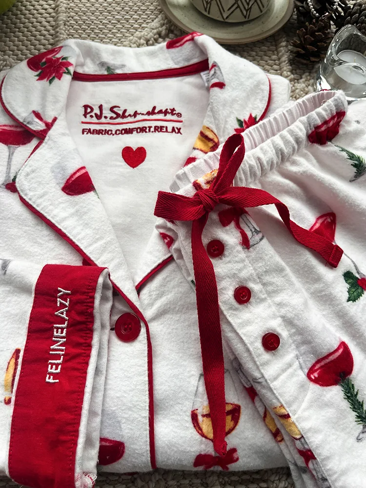 Damen Niedlicher Cartoon-Druck 100% Baumwolle Gebürstetes Pyjama-Set Frühling Herbst Langarm-Oberteil Lange Hose 2-teilig Loungewear Homewear – Detail 21