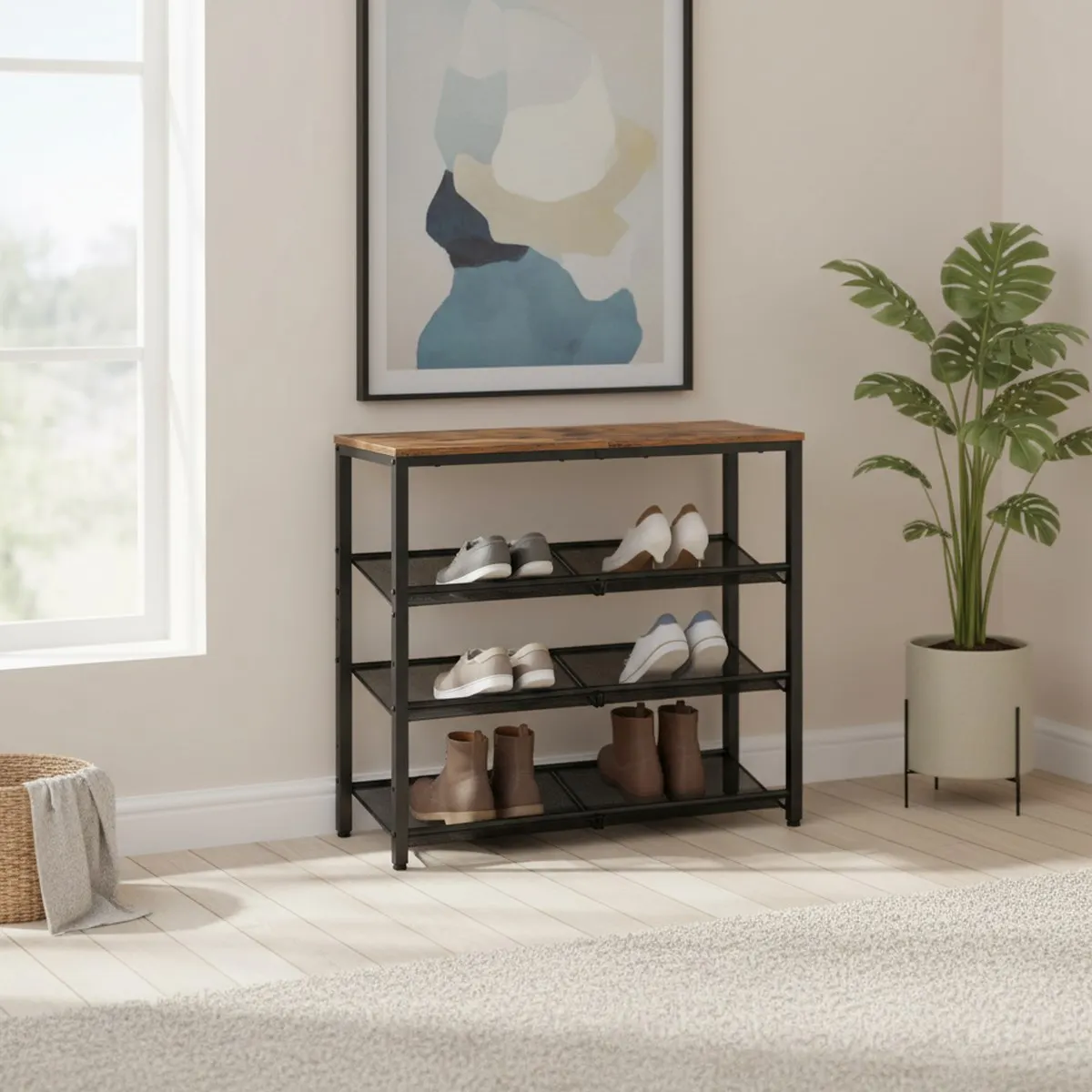 5 Tier Rustic Brown Shoe Rack Organizer Wood Metal Entryway Storage Shelf
