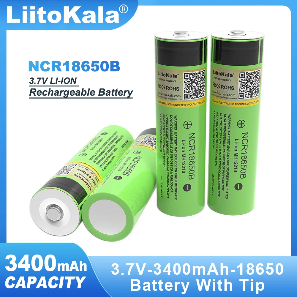 بطارية ليثيوم LiitoKala قابلة لإعادة الشحن مع بطاريات مصباح يدوي مدببة ، أصلية ، NCR18650B ، من من من دون أي بي سي