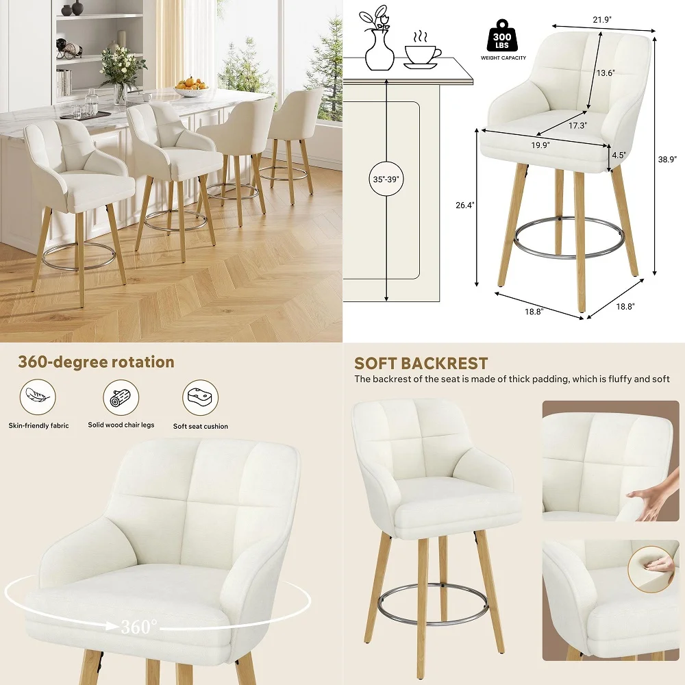

Bar Stools with Fabric Backs 26 Counter Height Bar Stools Set of 4 Fabric Upholstered Counter Barstools with Solid Wood Legs fo