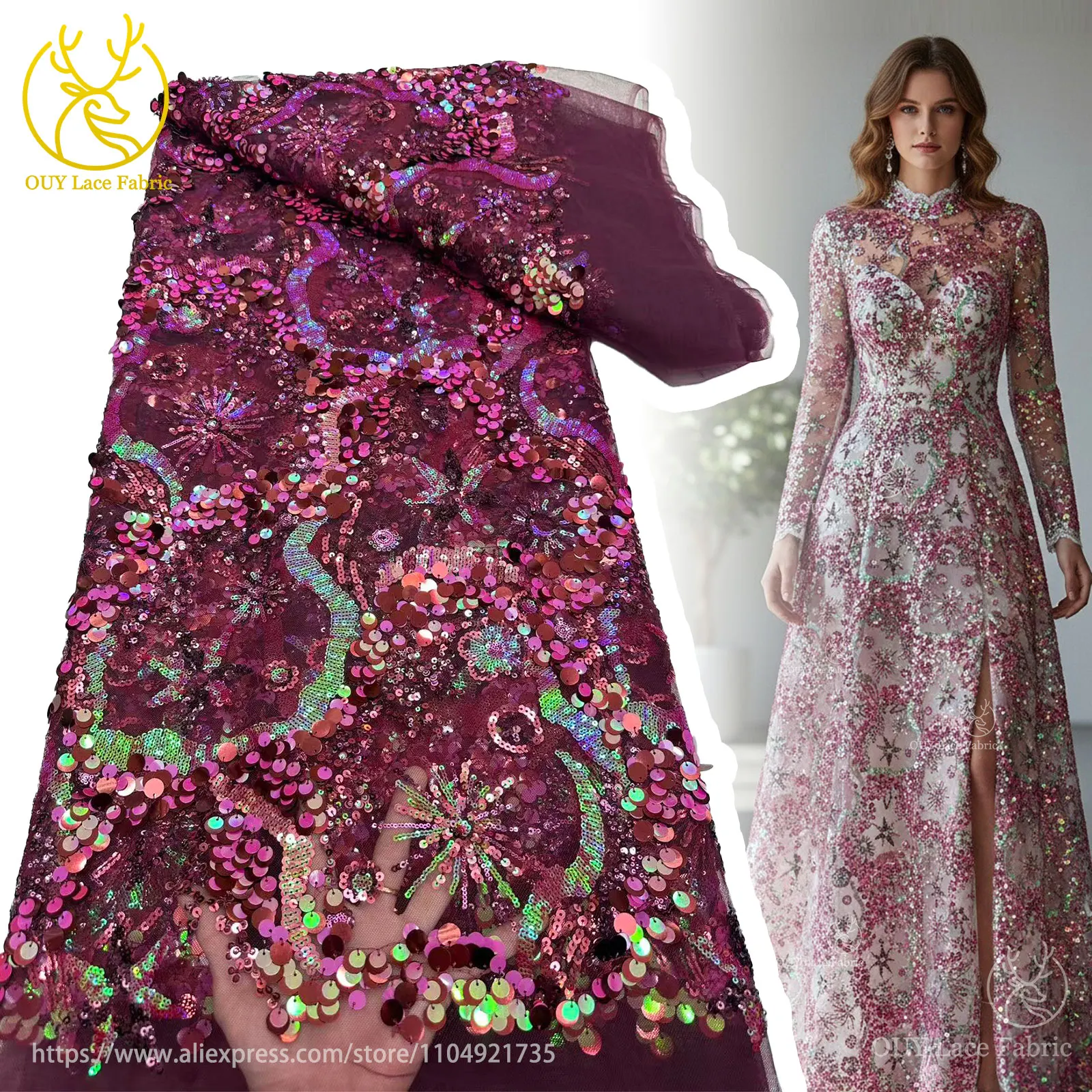 Hochwertiger afrikanischer nigerianischer bunter Pailletten-Stickerei-Spitzenstoff, zartes Kleid, Nähen, Brautparty, Dinnerparty, Hochzeit – Detail 5