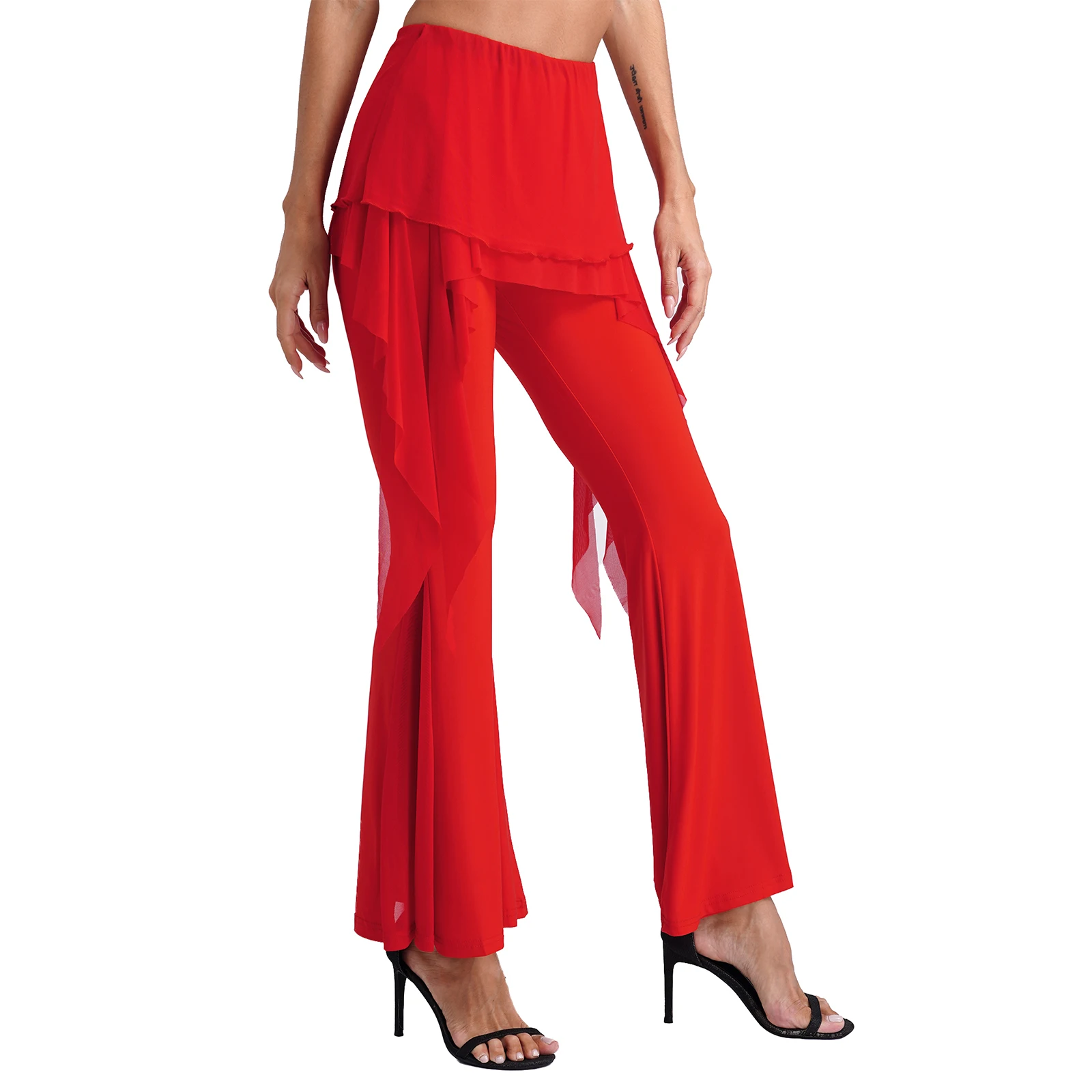 Womens Latin Dance Performance Pantskirt Drawstring Mesh Skirted Flared Pants Elastic Waistband Bell-Bottomed Trousers