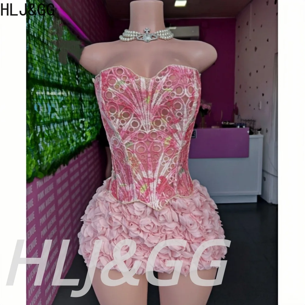 HLJ&GG Sexy Sweet Hollow Embroidery Corset Two Piece Sets Women Off Shoulder Top And Flower Ruched Mini Skirts Outfit Streetwear