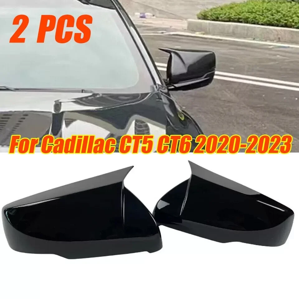 New For Cadillac CT5 CT6 20-23 Ox Horn Side Rear View Mirror Cover Trim Gloss Black