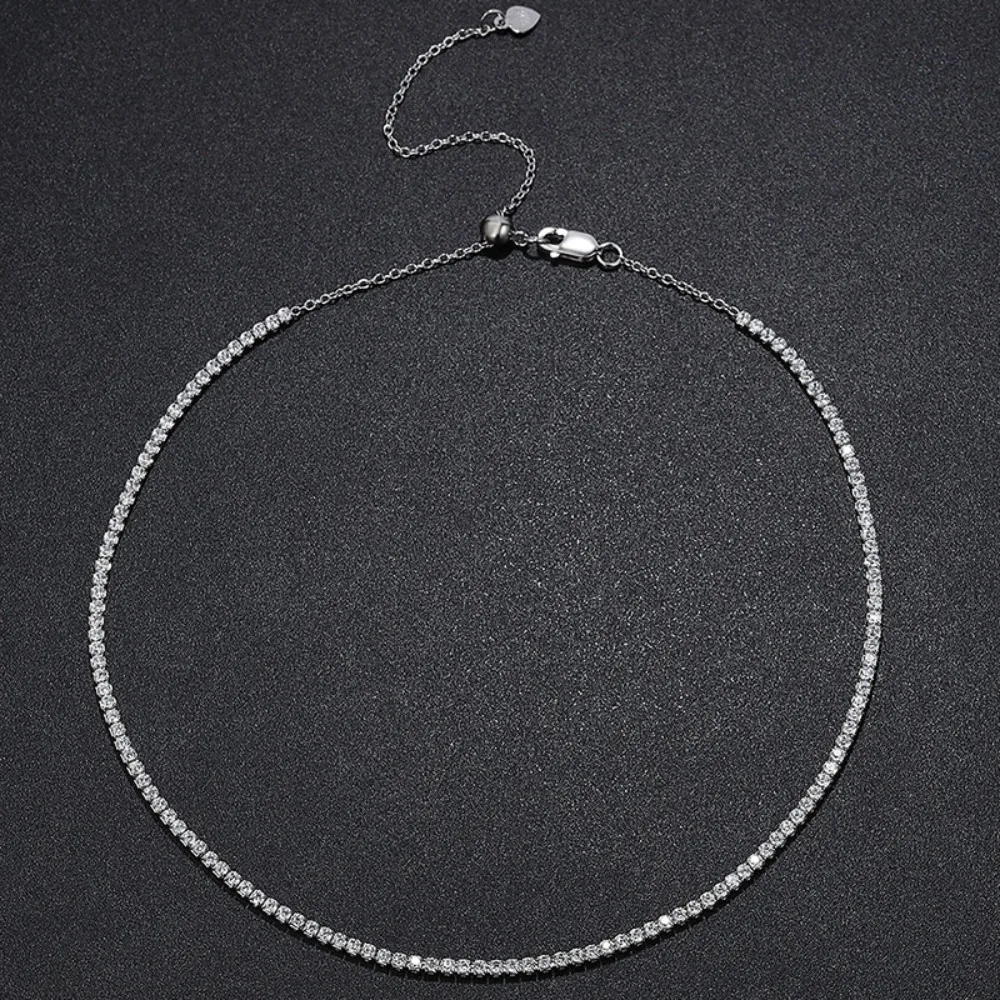 2mm D Color Moissanite Tennis Chain Necklace 925 Sterling Silver Hiphop Rock Women Girls Choker Necklaces Adjustable 41cm Gift
