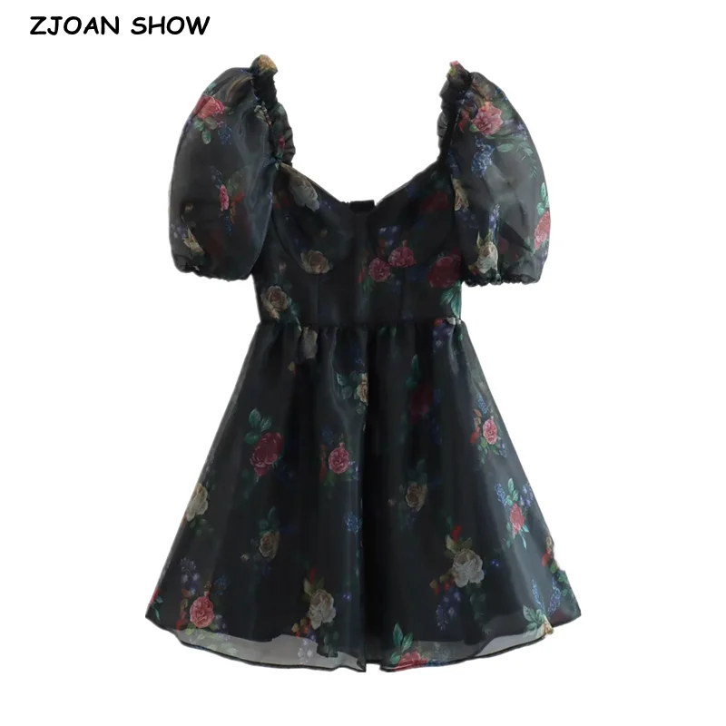 2023 Princess Girl Black Flower Print Organza Ball Gown Dress Retro Women Wood ears Puff Sleeve Swing Short Fairy Cake Robe