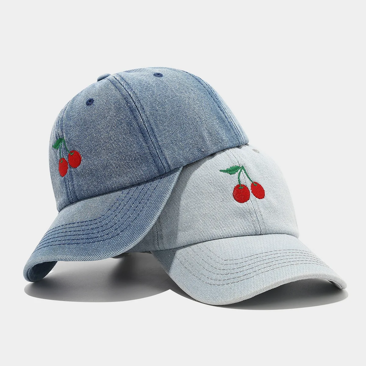 Denim Embroidered Cherry Baseball Caps for Women Trendy Spring Outdoor Casual Sun Hat Baseball Cap